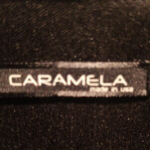 Caramel Black V-neck Dress w Bell Sleeves & Gold Patterned Back Sz Small